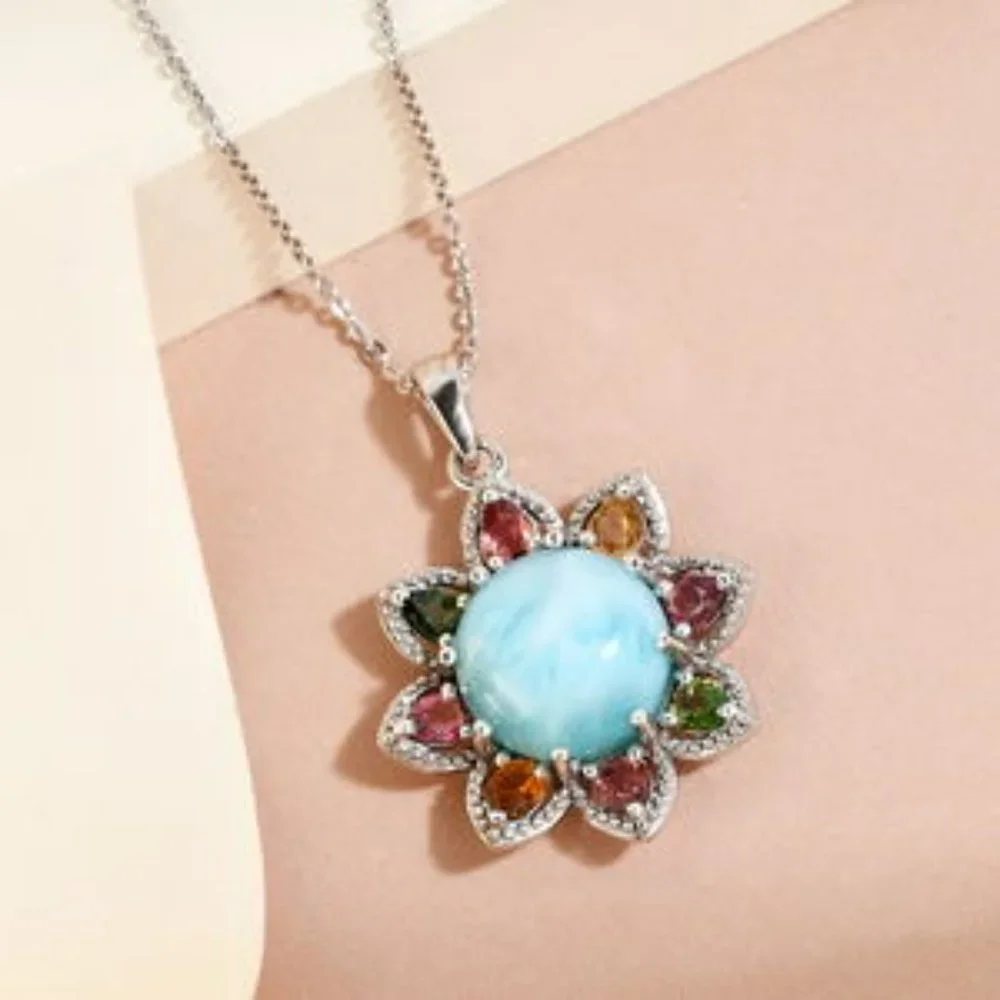 Larimar & Multi-Tourmaline Floral Pendant Necklace 20" Chain Flower - Picture 5 of 6